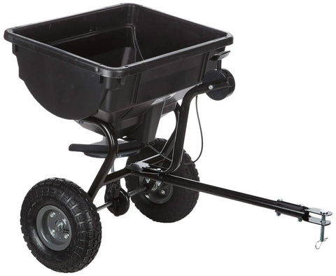 Tow Behind Lawn Spreader With 85Lb Rustproof Poly Hopper And Spreader Plate, 14,000 Sq Ft Coverage, Smooth Pneumatic Tires