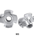 M3 size zinc plated carbon steel tee nuts for woodworking and furniture, part of Four Prong T Nuts Set for cabinets and projects