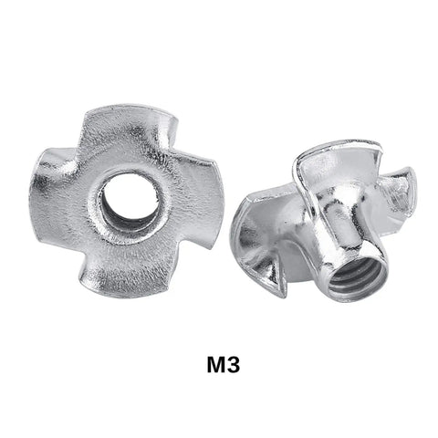 M3 size zinc plated carbon steel tee nuts for woodworking and furniture, part of Four Prong T Nuts Set for cabinets and projects