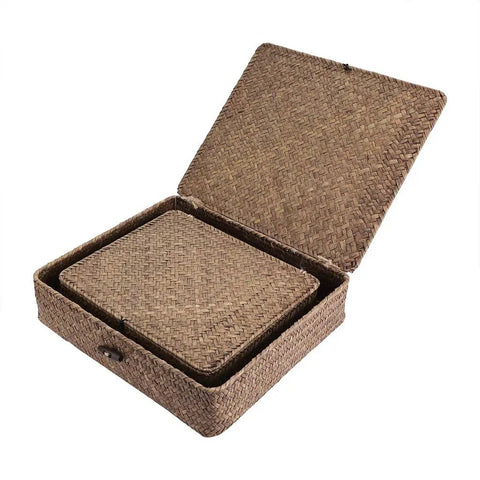 Set Of Two Handwoven Seagrass Storage Baskets With Lids Flat Wicker Organizer Boxes Perfect For Keeping Your Space Chill And Tidy Game Changer For Home Organization Closet Laundry Toy Sorting