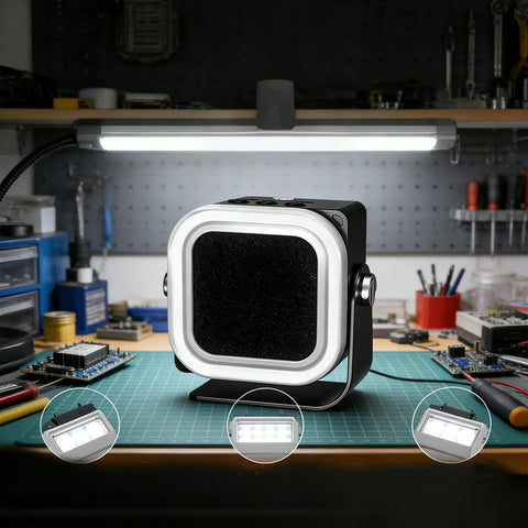 Portable Solder Fume Extractor With 15,000 RPM Motor USB C Charging LED Light on workstation background
