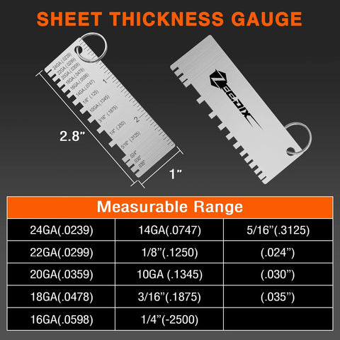 ZeeDix stainless steel sheet thickness gauge with ruler-scale tool and hanging ring (front and back views).