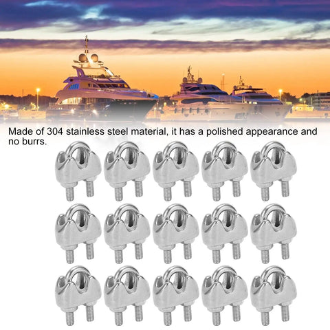 Heavy Duty 15 Pack 304 Stainless Steel Wire Rope Clips 1 Sixteenth Inch U Bolt Cable Clamp Fasteners in front of yachts
