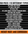 150 Piece Pegboard Hooks Set With Bins, 15 Types Heavy Duty Metal Hooks list on display, resist rust and corrosion label