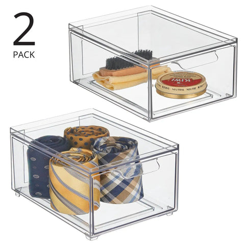 Stackable Storage Box With 2 Pull Out Drawers Clear Plastic Bin For Closet Organization with ties and shoe polish inside