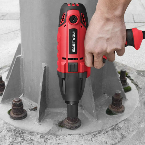 800W Electric Impact Wrench Heavy Duty Corded Tool with 450 Ft Lbs Max Torque in use on a metal bolt fastening a large structure