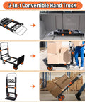 Heavy Duty 3 In 1 Folding Hand Truck And Convertible Dolly Cart showing multiple configurations in use, folding, flatbed and hand truck.