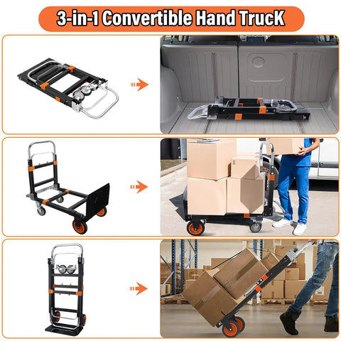 Heavy Duty 3 In 1 Folding Hand Truck And Convertible Dolly Cart showing multiple configurations in use, folding, flatbed and hand truck.