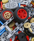 Close-up of 844 Piece Technic Parts Kit with pins gears axles and differential engine for MOC building, including beams and panels