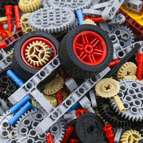 Close-up of 844 Piece Technic Parts Kit with pins gears axles and differential engine for MOC building, including beams and panels