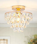 Lit Gold Crystal Chandelier Mini Ceiling Light Modern Flush Mount with Raindrop Crystals for Hallway Bedroom Living Room E26 Base Easy Install
