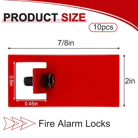 Fire Alarm Lockout Kit 10 Pack for ESeries, red safety lockout showing size dimensions and components.
