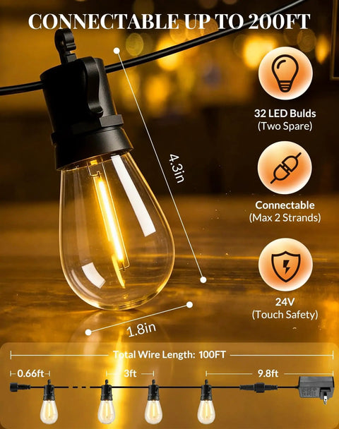 Close-up of Outdoor String Lights LED Patio Lights 100Ft Waterproof Dimmable Porch Lighting with Remote Shatterproof S14 Bulbs Connectable
