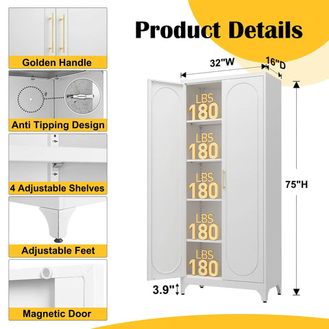 Tall White Metal Pantry Cabinet With Door 75 Inch High Kitchen Storage Cupboard With Adjustable Feet details