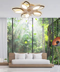 Modern living room with bladeless ceiling fan and lights, highlighting vegetation view and sleek furniture design.