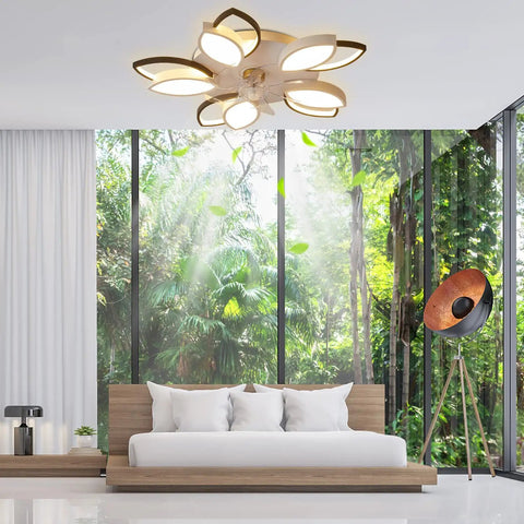 Modern living room with bladeless ceiling fan and lights, highlighting vegetation view and sleek furniture design.