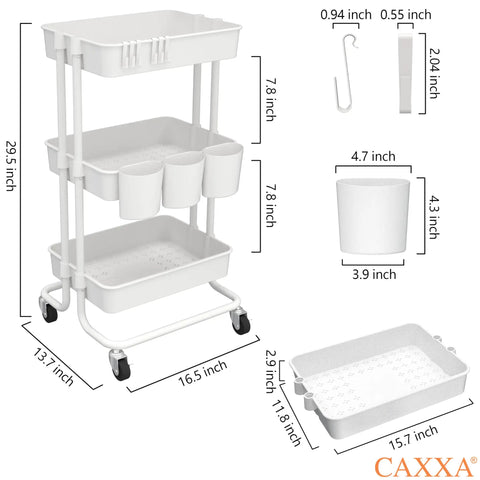 Rolling 3 Tier Storage Cart With Mobility And 3 ABS Baskets, Built To Last Powder Coated Steel Frame, 40 L Each, On Wheels, White Finish