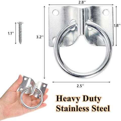 16 Pack Cross Tie Rings For Horses With Screws Wall Mount Stainless Steel Hitching Rings with dimensions and hand for scale