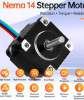NEMA 14 Stepper Motor 2 Phase 1.8 Degree High Torque Bipolar 12 Ncm 16.99 Oz In 29mm Body 4 Lead Cable Included Shaft 5mm 0.6A For 3D Printers DIY Bots CNC Rigs displayed with features icons.