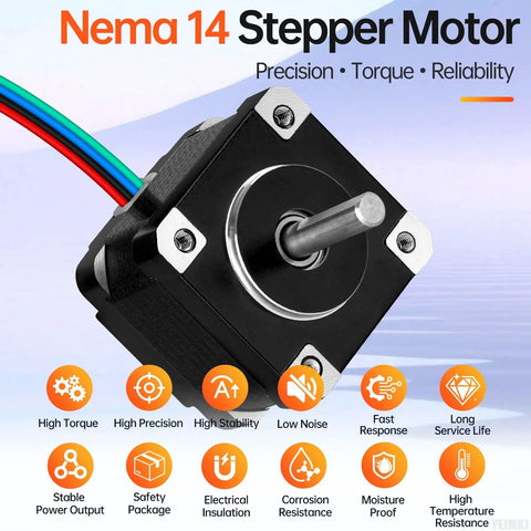 NEMA 14 Stepper Motor 2 Phase 1.8 Degree High Torque Bipolar 12 Ncm 16.99 Oz In 29mm Body 4 Lead Cable Included Shaft 5mm 0.6A For 3D Printers DIY Bots CNC Rigs displayed with features icons.