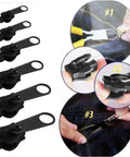 12 Piece Black Zip Puller Repair Kit Instant Zipper Set Replacement Pack For Coats Jackets Luggage And Backpacks Easy Rescue Fix With Replacement Sliders And Fasteners shown with installation steps.