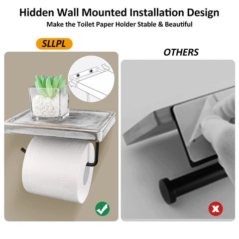 Rustic Wood Toilet Paper Holder With Shelf Easy Mount Wall Mounted Tissue Roll Holder With Black Metal Accents All In One