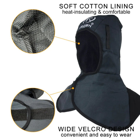 Heat Resistant Welding Hood Neck Protection With Abrasion Guard And Shoulder Drape Protective Head Cover For Sparks And Splashes On The Job Gray For Daily Use with soft cotton lining and Velcro design.