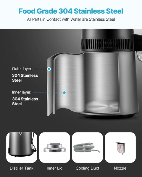 Smooth Sippin Water Distiller With Built Tough Stainless Core And Crystal Clear Glass Pot showing food grade 304 stainless steel layers.