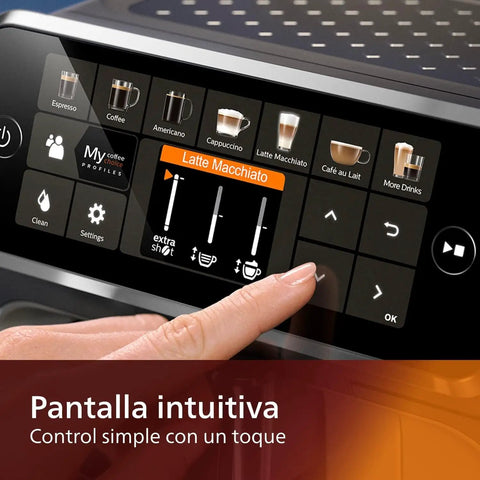 Ready To Brew Renewed Fully Automatic Espresso Machine With Button Touch Controls and LatteGo tray for easy drink selection.