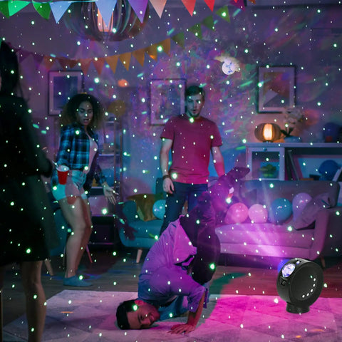 Party scene with Lit Galaxy Sky Projector Light With Nebula Stars And Full Moon, Remote Control, Base Included lighting up the room