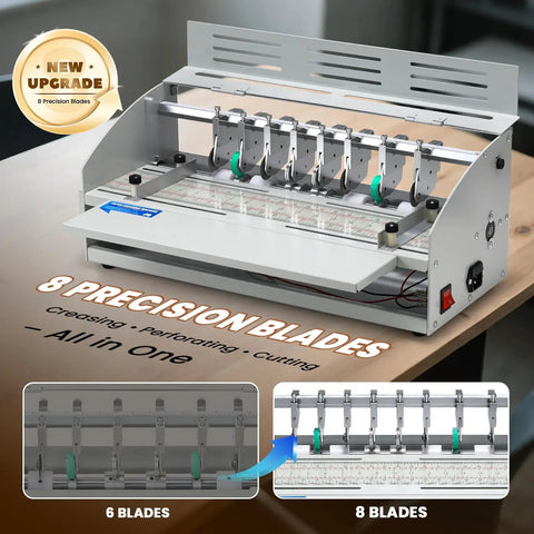 Electric Creasing Machine With Dual Creasing Perforating And Cutting Blades 25 Rpm Paper Creaser Perforator Cutter For Greeting Cards Invitations And Tickets 470mm 110V All In One Card Making Hub with 8 precision blades on a tabletop.