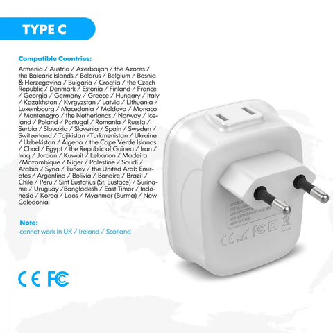 Back view of 3 Pack European Travel Plug Adapter With Dual USB Ports And Two US Outlets, 4 In 1 Type C Power Converter for Europe