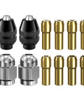 Keyless Drill Chuck Collet Set For Rotary Tools 14 Piece 1 Thirty Second To One Eighth Inch Shank Quick Change Adapter Universal 3 Jaw Chuck For Cordless And Corded Tools Boss For DIY Projects, showing black and silver chucks with brass collets.