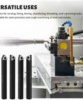 Five Sets Of One Quarter Inch Carbide Lathe Tool Bits for indexable turning with machine and steel handle, showing versatile uses.