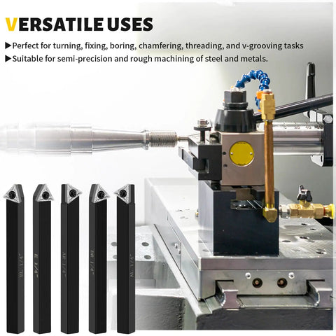 Five Sets Of One Quarter Inch Carbide Lathe Tool Bits for indexable turning with machine and steel handle, showing versatile uses.