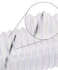 Close-up of clear 4 inch PVC dust collection hose showing thickened PVC material and carbon steel coil for durability