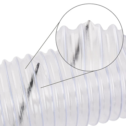 Close-up of clear 4 inch PVC dust collection hose showing thickened PVC material and carbon steel coil for durability