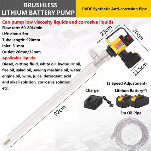 High Power 880W Electric Fuel Transfer Pump For Diesel And Oil Barrel Transfers. Brushless Motor With 9.8Ft Hose, 60-80L/min Flow Rate, And Dual Battery Setup. Perfect For Moving Lubricants And Water Fast And Easy On The Job Site Or In The Garage Today
