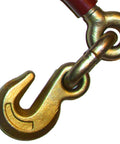 Close-up of yellow dichromate eye grab hook on ratcheting load binder for one half to five eighths inch straps heavy duty maroon powder coat
