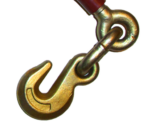 Close-up of yellow dichromate eye grab hook on ratcheting load binder for one half to five eighths inch straps heavy duty maroon powder coat