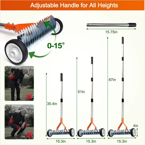 Effortless Wheeled Dethatcher Rake For Lawns With 15 Inch Head and 35 to 67 Inch Adjustable Stainless Steel Handle, height comparison