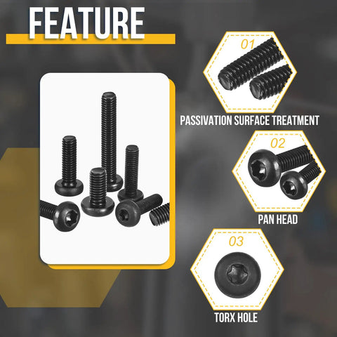 30 Pack M6 X 20 Millimeter Pan Head Torx Security Screws Black Carbon Steel T30 Drive showing features like pan head and Torx hole.