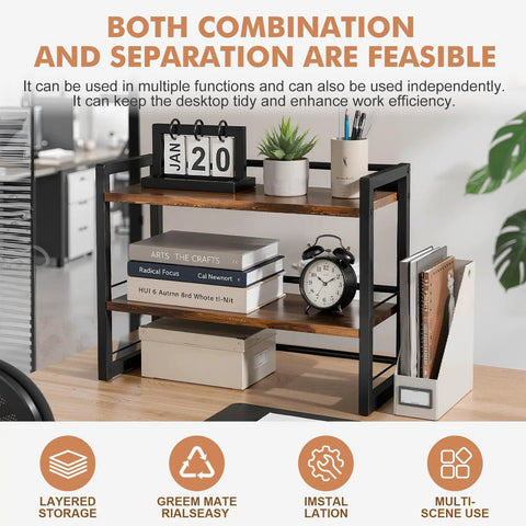 Two Tier Wood Desk Shelf Organizer For Office And Home Space Saving Desktop Bookshelf And Storage Rack with books and clock
