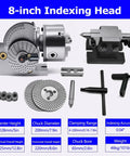 Rock Solid Hella Durable 4 5 6 8 Hole Indexing Head With No Sweat Setup And Smooth Operation showing 8-inch head and accessories.