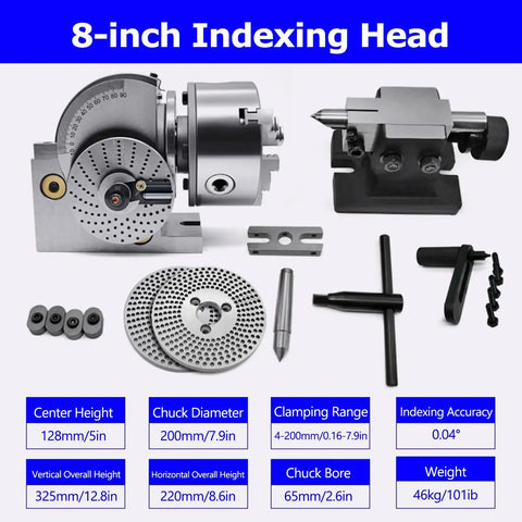 Rock Solid Hella Durable 4 5 6 8 Hole Indexing Head With No Sweat Setup And Smooth Operation showing 8-inch head and accessories.