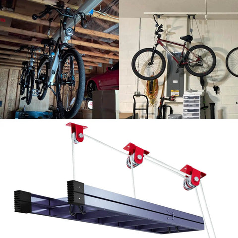 Heavy Duty Beefy Double Pulley Hoist System With 65 Feet Nylon Rope Ball Bearing Steel Pulleys Smooth Quiet Lift mounted in garage for bike storage