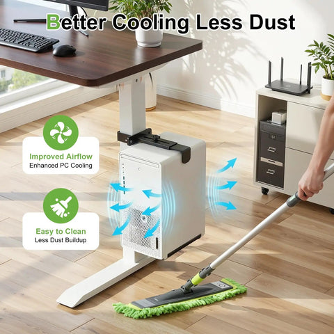 Under Desk PC Mount With Slick No Nonsense Clamp For Standing Workspaces That Secures Your CPU Rack Or Computer Tower Zero Drilling Needed While Handling Fifty Pounds On Eighty By Fifty Millimeter Legs, featuring improved airflow and easy cleaning.