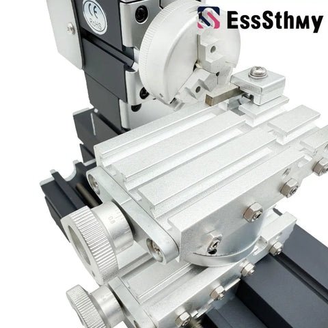 Close-up of 60W High Power Mini Metal Lathe Machine 12000 RPM 4 Axis Desktop Turning Tool showing precise metal components.