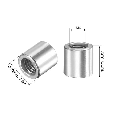 M6 X 10mm X 10mm Round Weld Nuts In 201 Stainless Steel Hella Strong For Shop Projects And Tables Gives You Zero Hassle Setup With Heavy Duty Bung Female Fasteners Pack Of Four with detailed dimensions.