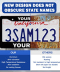 Comparison of custom license plate frame showing design that doesn't obscure state names, highlighting aluminum vs rusting materials.